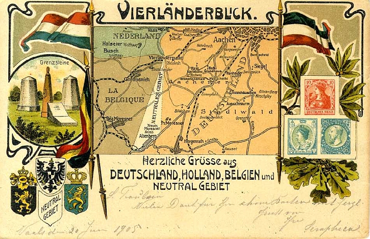 German postcard, 1905, shows the Dutch, Belgian, German and Neutral areas, and the ‘Vierländerpunkt’.