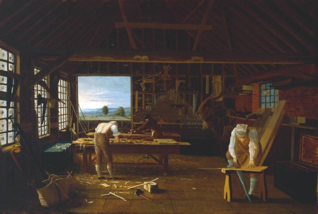 Interior of the Carpenter's Shop at Forty Hill, Enfield ?exhibited 1813 by John Hill circa 1780-1841