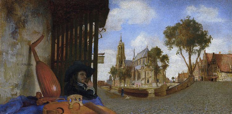 Fabritius, View of Delft with Musical Instrument Seller's Stall, 1652