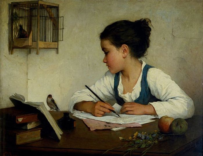 Henriette Browne, A Girl Writing The Pet Goldfinch, 1870