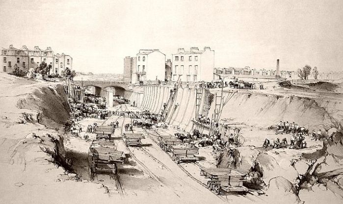 Constructing the cutting at Park Street, Camden Town, 1837. Wash drawing by J. C. Bourne.