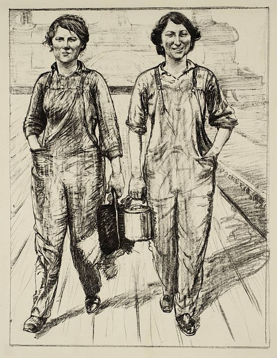 Women's Work: On the Railway - Engine and Carriage Cleaners circa 1917 by Archibald Standish Hartrick 1864-1950