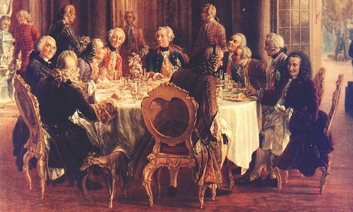 Frederick the Great at his palace of Sansouci, sitting alongside Voltaire, Adolph Menzel , 1750