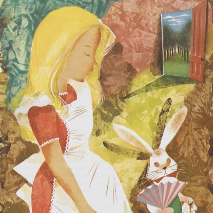 Alice with the White Rabbit from an illustrated edition of Alice's Adventures in Wonderland by Leonard Weisgard (1949)